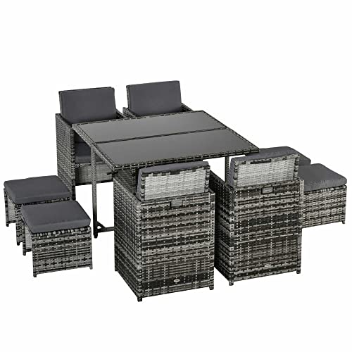 Outsunny 9 TLG. Polyrattan Gartenmöbel Rattan Gartenset Sitzgruppe Garnitur Essgruppe inkl. Kissen Schwarz 109 x 109 x 72 cm von Outsunny