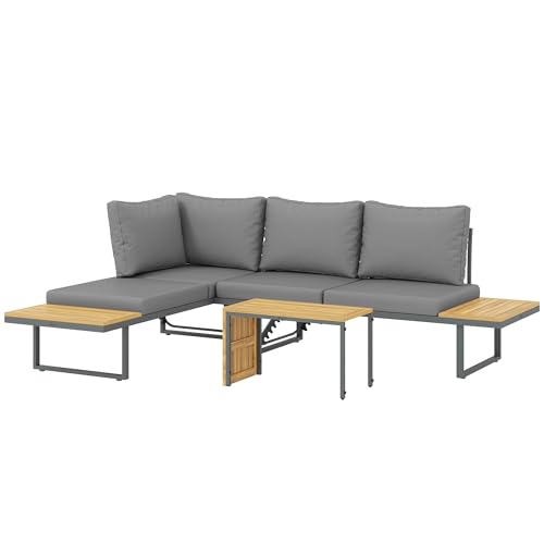 Outsunny Akazienholz Gartenmöbel Set 6 Personen L-Förmig Gartenlounge mit Eckbank verstellbar Rückenlehne Beistelltisch Kissen Balkonmöbel-Set Outdoor Sitzgruppe für Garten Terrasse Balkon Hellgrau von Outsunny
