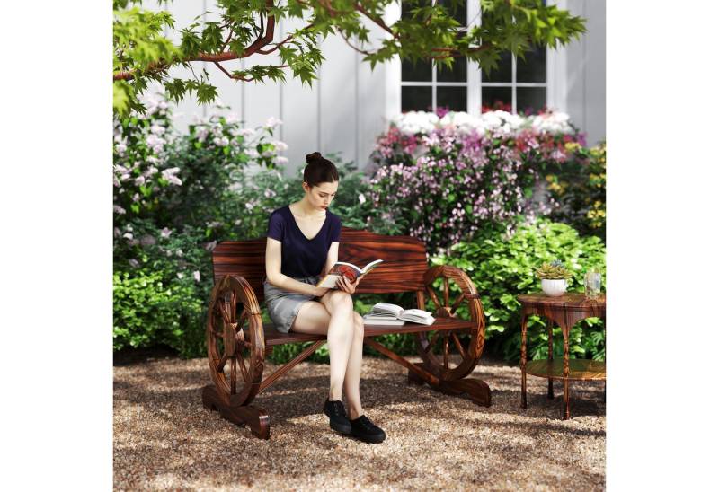 Outsunny Bank mit Rücken- und Armlehnen, im Rädernform (Gartenbank aus Holz, 1-St., 2-Sitzer Sitzbank), 240kg belastbar, für Balkon Terrasse, Garten, 110 x 55 x 80 cm von Outsunny