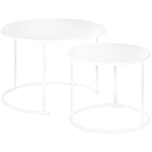 Outsunny Beistelltisch, 2er Set, Garten Couchtisch, Gartentisch, Kaffeetisch mit erhöhten Kanten, Wohnzimmer, Metall Weiß, Ø70 x 50 cm von Outsunny