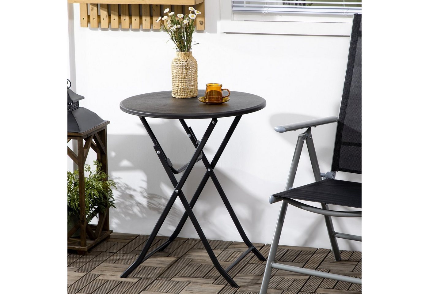 Outsunny Beistelltisch Garten-Esstisch mit Dekorativer Holzoptik, Campingtisch für Balkon (60 cm Beistelltisch für 2 Personen, 1-St., Runder Klapptisch), HDPE, Dunkelgrau von Outsunny