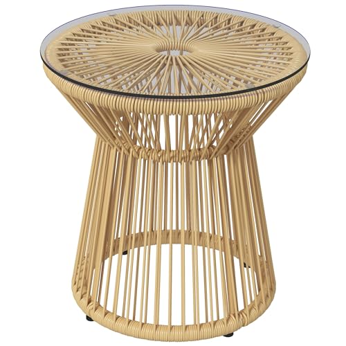 Outsunny Beistelltisch aus PE Rattan runder Couchtisch mit Glastischplatte Tablett Gartentisch, Hohltrommel-Design, Gartenmöbel Kaffeetisch Sofatisch für Garten Terrasse Balkon, 40x40x42cm, Beige von Outsunny