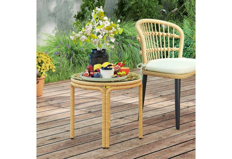 Outsunny Beistelltisch mit Glas Tischplatte (Gartentisch aus Polyrattan, 1-St., runder Couchtisch), für Wohnzimmer Garten Terrasse Balkon, Ø50 cm Gelb von Outsunny