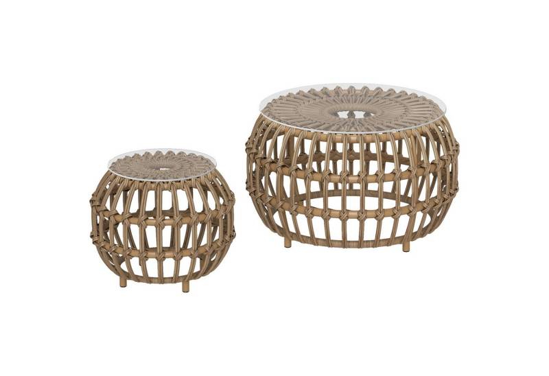 Outsunny Beistelltisch mit Glasplatte (rund wetterfest Gartentisch, 2-St., 2er Set Balkontisch aus Polyrattan), Ø66,42 cm, für Garten, Balkon, Braun von Outsunny