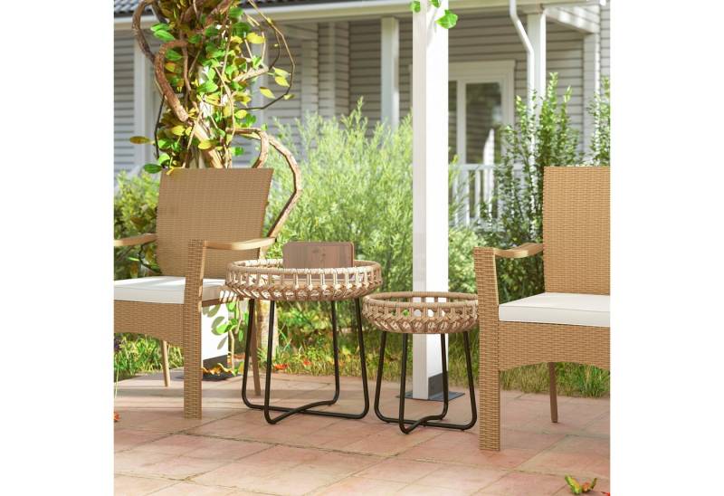 Outsunny Beistelltisch mit X-Beine, verstellbare Fußpads (rund wetterfest Gartentisch, 2-St., 2er Set Balkontisch aus Polyrattan), Ø60,41 cm für Garten, Balkon, Braun von Outsunny