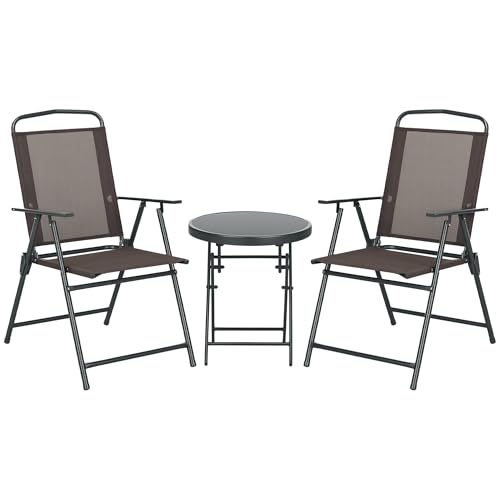 Outsunny Bistro-Set 3-teilig aus Metall Wetterfest Gartenmöbel Set mit klappbar Glastisch Gartenstühlen Outdoor Balkonmöbel Set Sitzgruppe Balkonset Gartengarnitur Braun von Outsunny