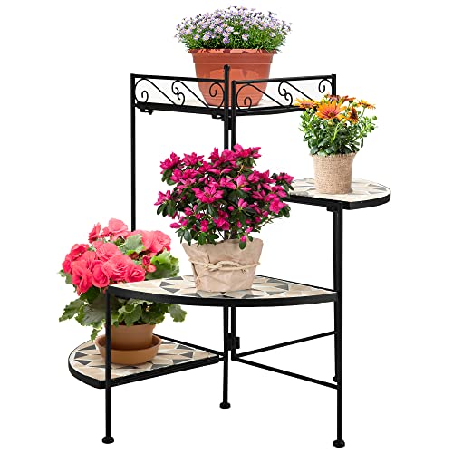 Outsunny Blumenständer 4-Stufe-Blumentreppe faltbar dekorative für Innen und Außen Garten Balkon Metall Keramikfliesen Schwarz+Beige 64 x 64 x 72 cm von Outsunny