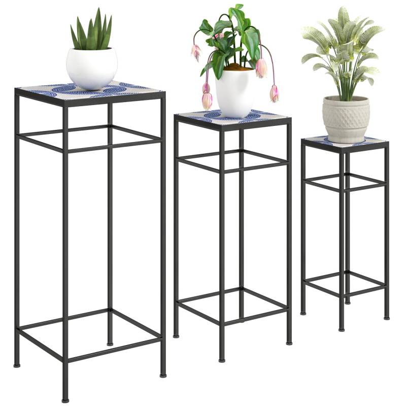 Outsunny Blumenständer-Set  Metall Fliesen Blau 28L x 28B x 71H cm von Outsunny