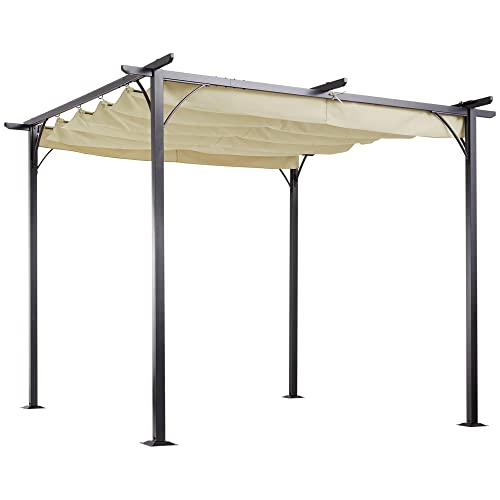 Outsunny Cabrio-Pavillon Gartenpavillon mit Schiebedach per Seilzug wasserabweisend Sonnendach UV-Beständig Metall + Polyester Beige 3 x 3 x 2,3 m von Outsunny