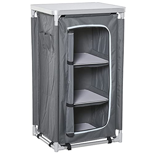 Outsunny Campingschrank faltbar Küchenbox tragbar mit Arbeitsplatte Tragetasche 3 Ablagen 600D Oxford Stoff Grau 60 x 50 x 104,5 cm von Outsunny