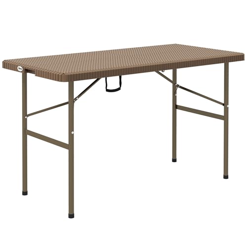 Outsunny Campingtisch Klapptisch mit Rattanoptik, Buffettisch für 4 Personen, Gartentisch für Balkon, Terrasse, bis 50 kg belastbar, HDPE, Braun, 122 x 60 x 73 cm von Outsunny