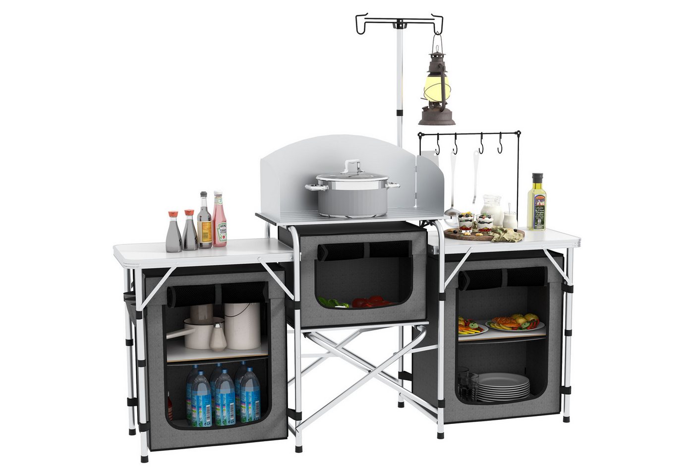 Outsunny Campingtisch klappbar, UV-Schutz, mit 3 Stofffächer (Campingschrank, 1-St., Campingküche), für Garten, Campingplatz, Grau,172x48x119cm von Outsunny