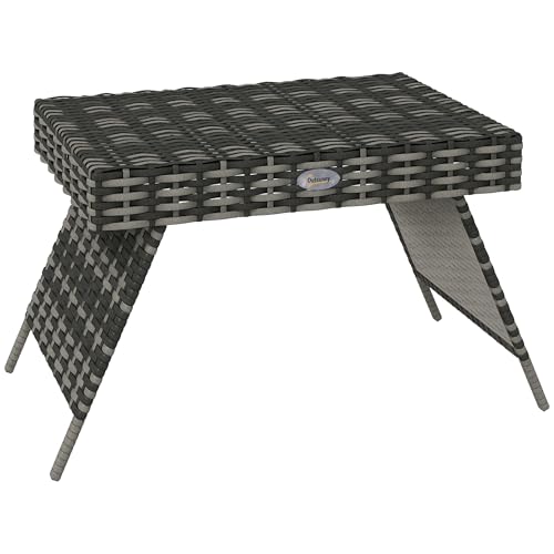 Outsunny Faltbarer Beistelltisch für den Außenbereich, Rattan-Garten-Couchtisch mit Stahlrahmen, platzsparende Bistro-Gartenmöbel für Terrasse, Balkon, 60 x 41 x 41 cm, Mischgrau von Outsunny