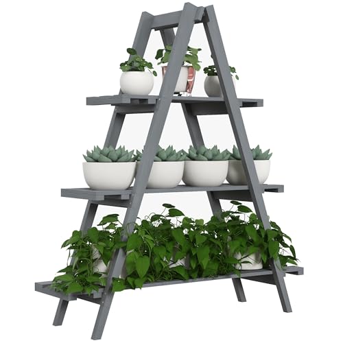 Outsunny Faltbares hölzernes Pflanzenregal 3 Etagen A-Frame Topfständer für Außen Innen Wohnzimmer Garten Balkon 100x36x112 cm Grau von Outsunny