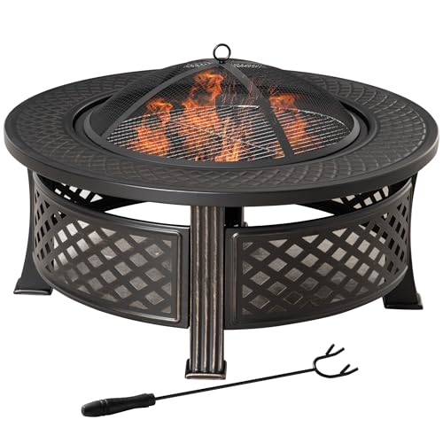 Outsunny Feuerschale mit Schürhaken Funkenschutz Feuerkorb Feuertisch rund Feuerstelle für Garten Camping BBQ Stahl Schwarz 81 x 81 x 50 cm von Outsunny