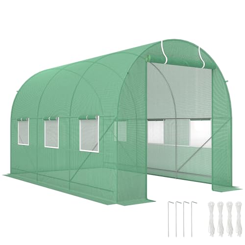 Outsunny Gewächshaus 350x200x200cm Foliengewächshaus Tomatenhaus mit Tür, 6 Fenster, Folientunnel aus verzinktem Stahl, PE, stabiles Treibhaus Pflanztunnel, inkl. Erdanker & Seilen, Grün von Outsunny