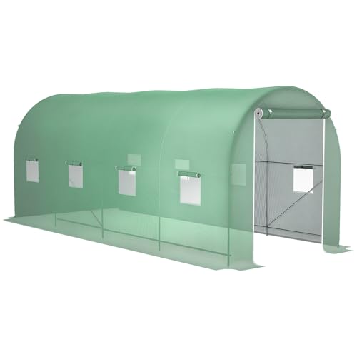 Outsunny Gewächshaus 500x200x205cm Foliengewächshaus Tomatenhaus mit Tür, 8 Fenster, Folientunnel aus verzinktem Stahl, PE, stabiles Treibhaus Pflanztunnel, inkl. Erdanker & Seilen, Grün von Outsunny