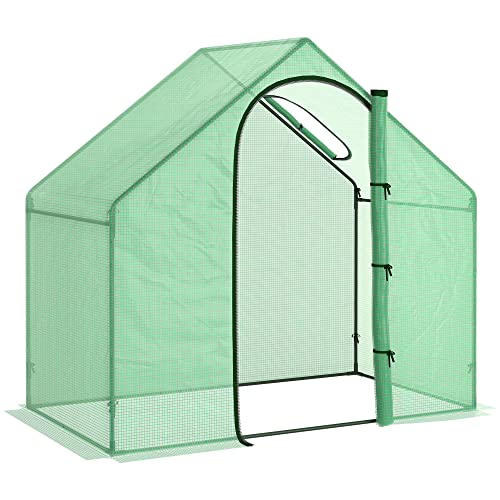 Outsunny Gewächshaus mit Fernster, Rolltür, Winterfest Foliengewächshaus aus Stahl, Treibhaus für Balkon, Garten, Tomatenhaus 180 x 100 x 168 cm, Tomatengewächshaus für Tomaten, Gemüse, Dunkelgrün von Outsunny
