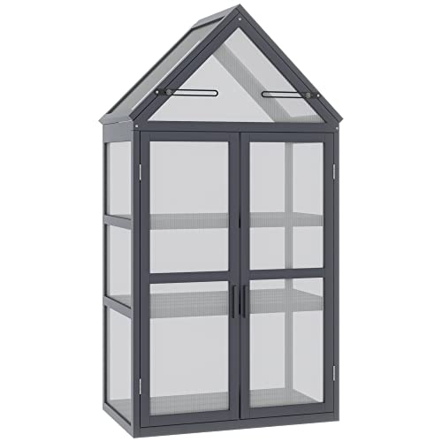 Outsunny Frühbeet Pflanzenbeet mit 3 Ebenen, aufklappbarem Dach wetterfest Mini Gewächshaus mit Doppeltüren Treibhaus aus Holz Polycarbonat Natur 70,5 x 42 x 132 cm von Outsunny