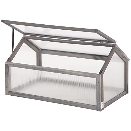 Outsunny Frühbeet aus Holz, Mini Gewächshaus 90 x 52 x 49,5 cm, Treibhaus mit Abdeckung, lichtdurchlässig Frühbeetkasten, Winterfest Hochbeet für Garten, Balkon, Grau von Outsunny