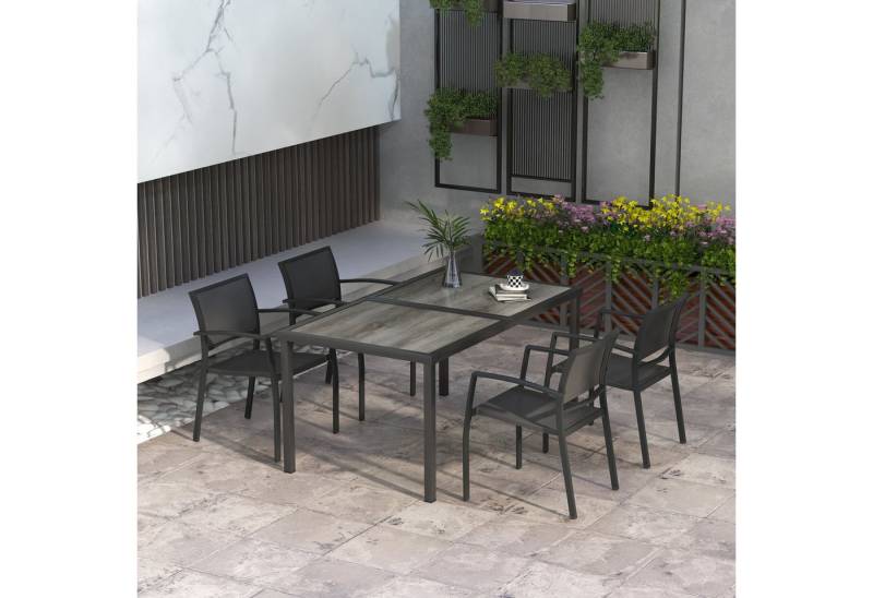 Outsunny Garten-Essgruppe 5 tlg. Sitzgruppe mit 1 Esstisch, 4 stapelbaren Stühlen, (Gartengarnitur, 5-tlg., Sitzgarnitur), für Terrasse, Mesh, Dunkelgrau von Outsunny