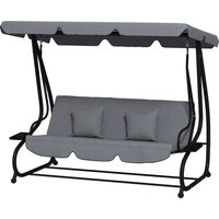 Outsunny Garten-Schaukelbank 3-Sitzer umbaubarer Neigbarer Dach 2 Seitenablagen 2L x 1,2B x 1,64H m Epoxidmetall Schwarz Polyester Dunkelgrau   Aosom von Outsunny