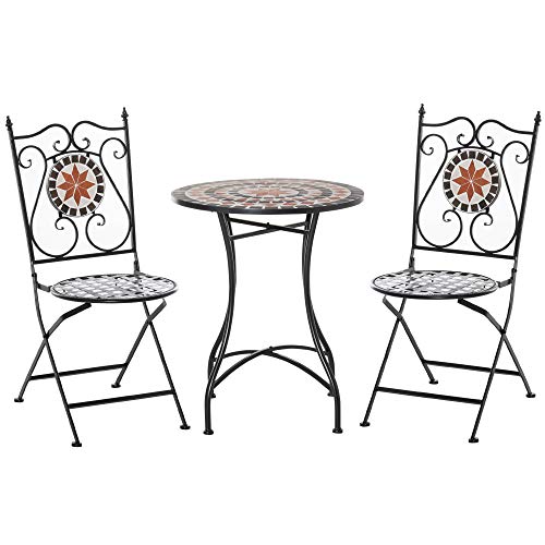 Outsunny Garten Sitzgruppe 3-teilige Mosaiktisch Essgruppe Balkonmöbel Set Gartenmöbel-Set 1 Tisch+2 Faltbare Stühle Terrasse Metall Mehrfarbing von Outsunny