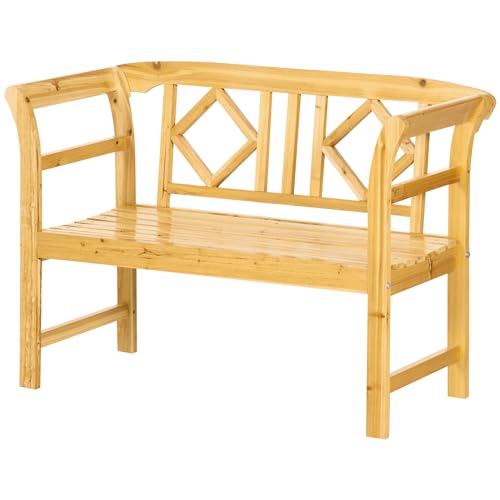 Outsunny Gartenbank, 2-Sitzer Parkbank mit Rückenlehne, Wetterbeständige Holzbank im Landhausstil, Terrassenbank für Balkon, Garten, max. 240 kg, Natur, 116 x 53 x 83 cm von Outsunny