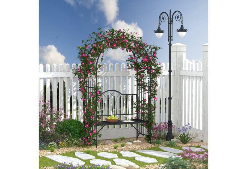 Outsunny Gartenbank Laubenbank Philosophenbank Rankgitter Rankhilfe (Rosenbank, 1-St., Rosenbogen mit Bank), Metall Schwarz 115 x 59 x 203 cm von Outsunny