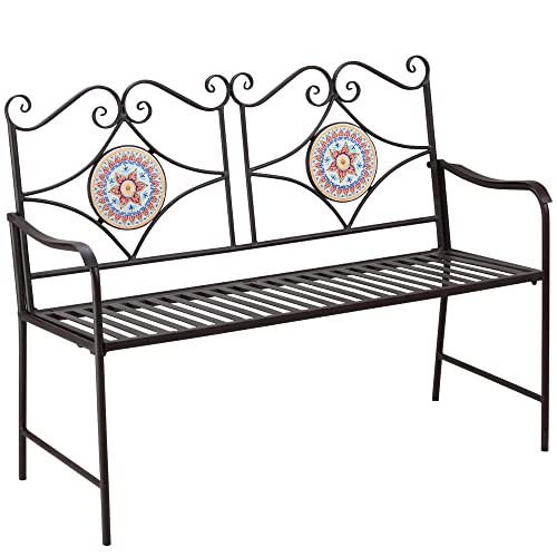 Outsunny Gartenbank Metall, 2-Sitzer Parkbank mit Rückenlehne, Armlehne, Sitzbank mit Mosaiksteinen für Garten, Balkon, max. 220 kg, Braun, 121 x 52 x 93 cm von Outsunny