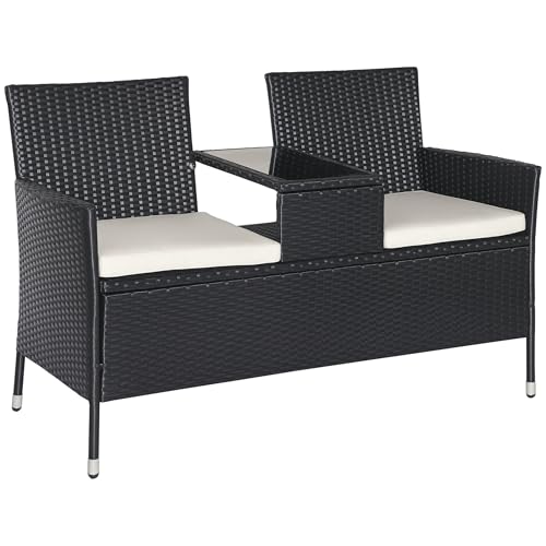 Outsunny Gartenbank Polyrattan 2-Sitzer UV-beständig Sitzbank mit Tisch Kissen Rückenlehne Gartenmöbel Parkbank bis 240kg belastbar Balkonbank für Garten Terrasse Balkon 133x63x84cm, Schwarz von Outsunny