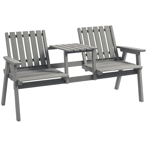 Outsunny Gartenbank mit Tisch, Sitzgruppe, Gartenmöbel, mit Regenschirmloch, Sitzbank, 2 Stühle, Massivholz, Grau, 152 x 70 x 83 cm von Outsunny