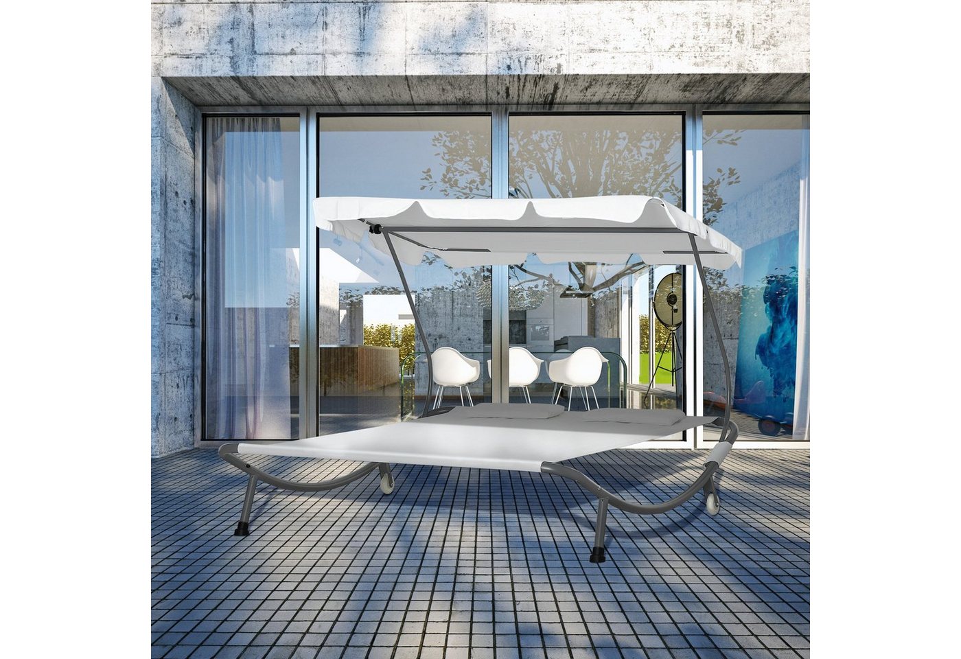 Outsunny Gartenliege, Campingliege mit Kopfkissen, 3 St., Sonnenliege, Elegante Doppelliege mit verstellbarem Sonnendach von Outsunny
