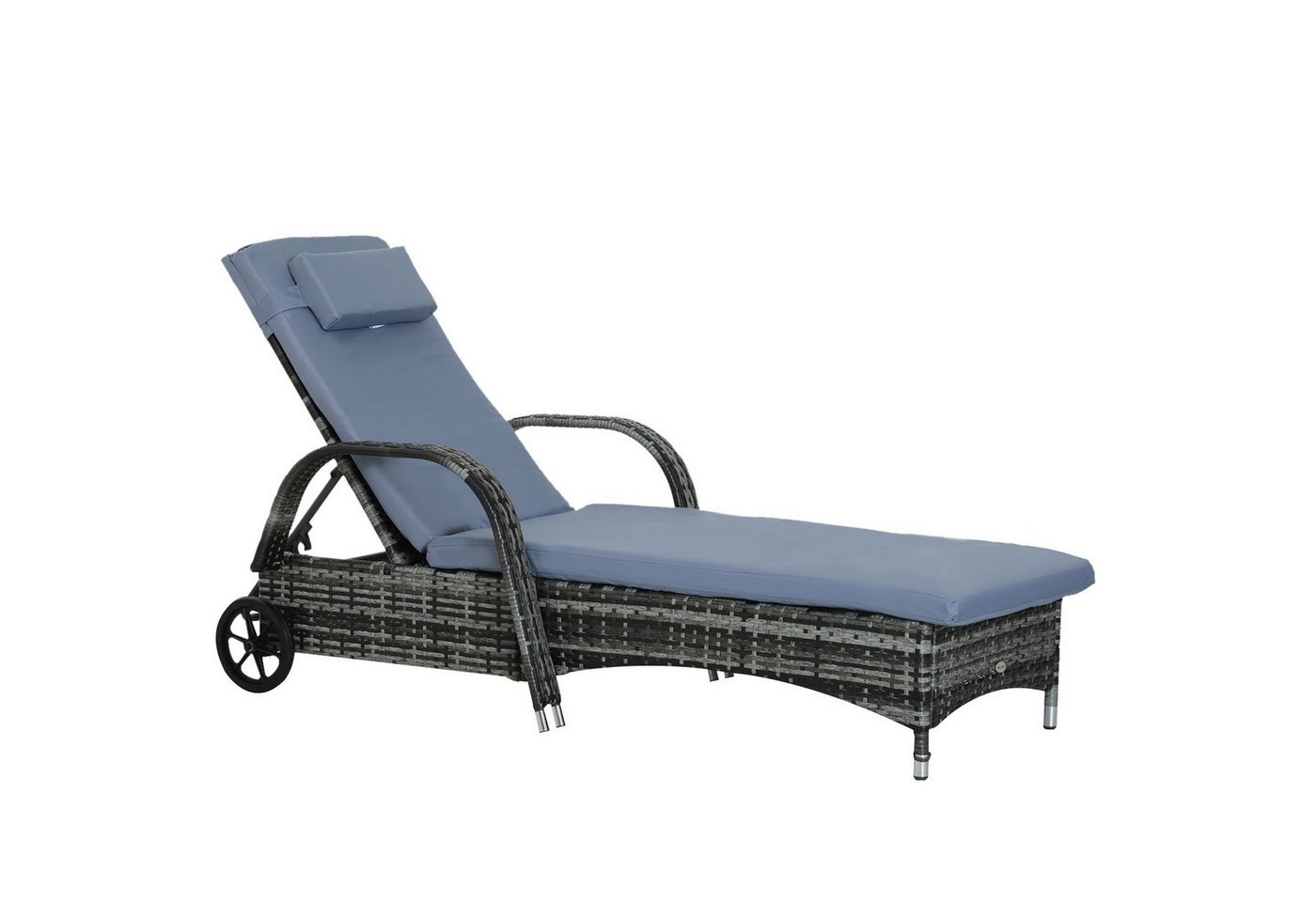 Outsunny Gartenliege mit 5-Fach verstellbarer Rücklehne, Polsterauflage, Rollen, Kissen, Liege, 1 St., Sonnenliege, 160 kg belastbar, für Garten, 200x73x30-103cm, Grau von Outsunny