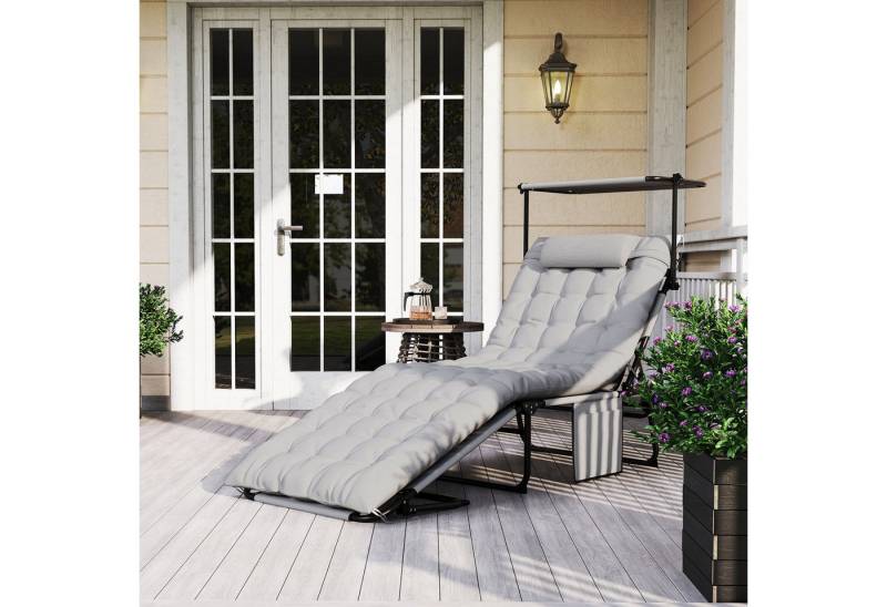 Outsunny Gartenliege mit Dach Matratze, 4-Fach verstellbare Rückenlehne, klappbar Sonnenliege, 1 St., wetterfest Liegestuhl, bis 120 kg belastbar, Gartenstuhl für Garten Outdoor, Hellgrau von Outsunny
