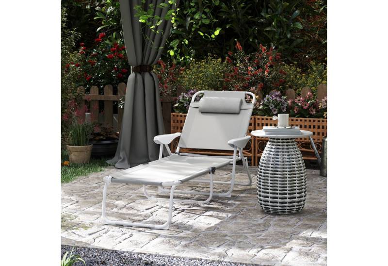 Outsunny Gartenliege mit Kopfkissen, 4-Fach verstellbare Rückenlehne, klappbar Sonnenliege, 1 St., wetterfest Liegestuhl, bis 120 kg belastbar, für Garten Outdoor Strand Hellgrau von Outsunny