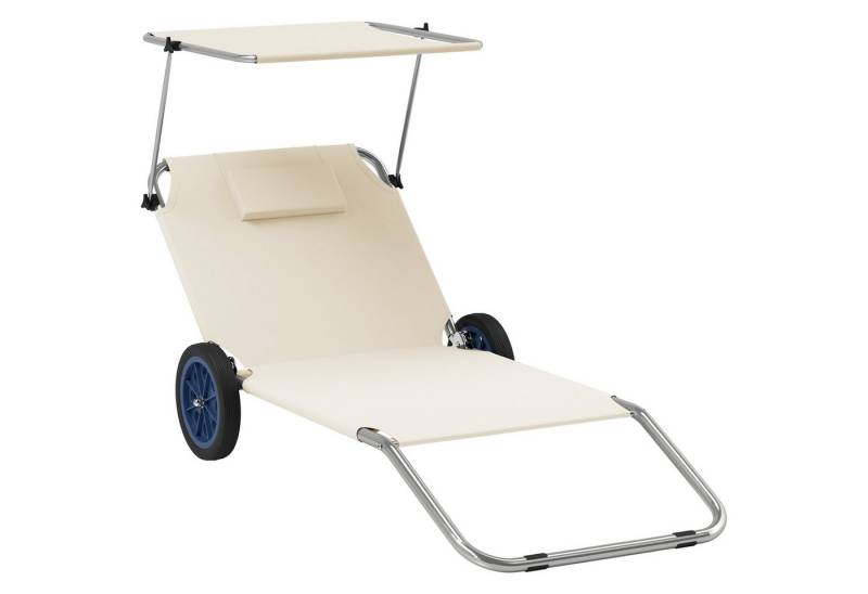 Outsunny Gartenliege mit Kopfkissen, Dach, Rolle, verstellbare Rückenlehne, klappbar Liegestuhl, 2 St., 2er Set Sonnenliege, bis 120 kg belastbar, für Garten Pool, Beige von Outsunny