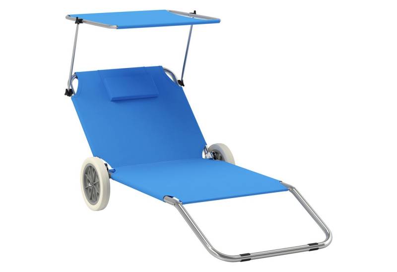 Outsunny Gartenliege mit Kopfkissen, Dach, Rolle, verstellbare Rückenlehne, klappbar Liegestuhl, 2 St., 2er Set Sonnenliege, bis 120 kg belastbar, für Garten Pool, Blau von Outsunny
