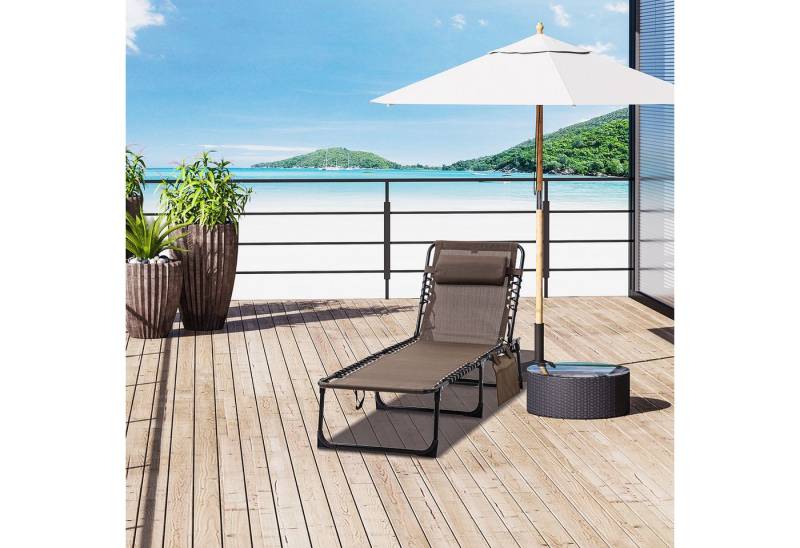 Outsunny Gartenliege mit Kopfkissen, Seitentasche, 5-Fach verstellbare Rückenlehne, Sonnenliege klappbar, 1 St., wetterfeste Liegestuhl, bis 120 kg belastbar, für Garten Strand Pool, Braun von Outsunny