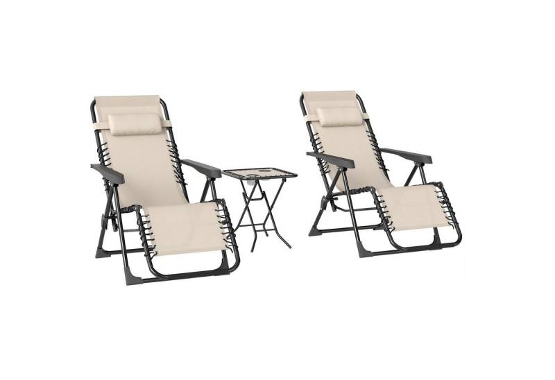 Outsunny Gartenliege mit Teetisch, 2 Stühle, Kopfkissen, aus Metall, 3-TLG. Sonnenliege, 1 St., wetterfest Relaxliege, für Garten, Terrasse, 90 x 56 x 110 cm, Beige von Outsunny