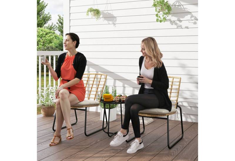 Outsunny Gartenlounge-Set 3-teilig, mit 2 stapelbar Stühle, Tisch, Kissen, wetterfest, (Balkonmöbel Set für 2 Personen, 3-tlg., Rattan Gartenmöbel Set), für Terrasse Balkon, Beige & Braun von Outsunny