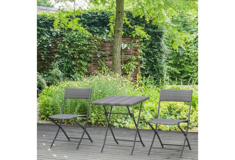 Outsunny Gartenlounge-Set mit 2 Stühle, Tisch, (Outdoor Balkonmöbel für 2 Personen, 3-tlg., Polyrattan Gartenmöbel Set), für Garten, Terrasse, Balkon, Grau von Outsunny