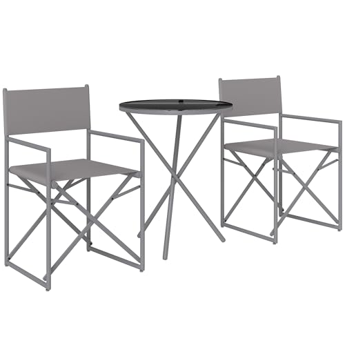Outsunny Gartenmöbel-Set, 3-teilig, Balkonmöbel-Set mit 2 Klappstühlen, Tisch mit Tischplatte aus gehärtetem Glas und Stahlgestell für Terrasse, Terrasse, Außenbereich, Dunkelgrau von Outsunny
