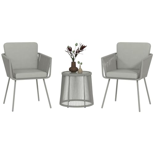 Outsunny Gartenmöbel-Set, 3-teilig, Kolonialstil, 2 Sessel mit Kissen, grau + Couchtisch, Kunstharz, kabelgebunden, Epoxidstahl, Grau von Outsunny