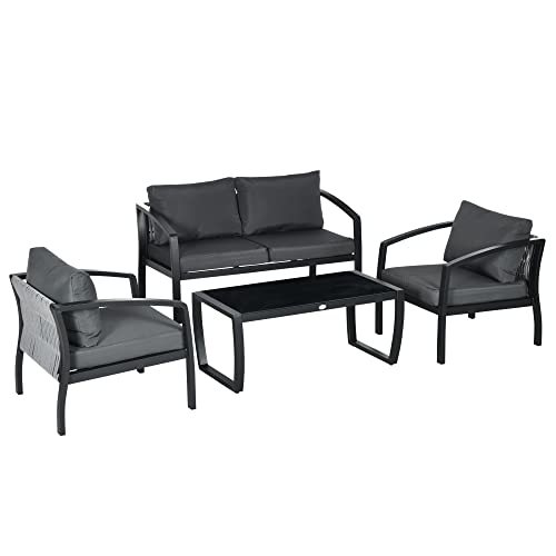 Outsunny Gartenmöbel-Set, 4-TLG. Gartenlounge-Set mit Sitzkissen, Balkonmöbel mit Sesseln, Zweisitzer, Couchtisch, Sitzgruppe für Terrasse, Metall, Stahl, Grau+Schwarz von Outsunny