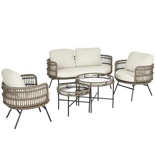 Outsunny Gartenmöbel-Set, 5 TLG. Rattan Sitzgarnitur mit Kissen, Sitzgruppe mit 2 Sesseln, 2 Couchtischen, 1 Doppelsofa, Balkonmöbel im Boho-Stil, für 4 Personen, Alu, Braun Outsunny Gartenmöbel-Set, 5 TLG. Rattan Sitzgarnitur mit Kissen, Sitzgruppe mit 2 Sesseln, 2 Couchtischen, 1 Doppelsofa, Balkonmöbel im Boho-Stil, für 4 Personen, Alu, Braun von Outsunny
