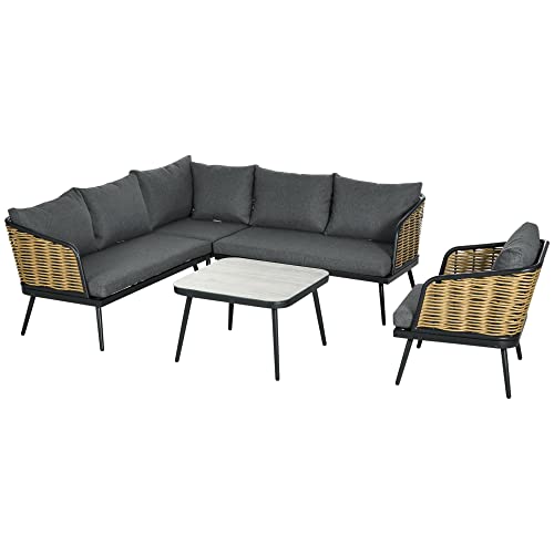 Outsunny Gartenmöbel-Set, 5 TLG. Rattan Sitzgruppe mit Kissen, Sitzgarnitur mit 1 Couchtisch, 1 Ecksofa, 2 Zweisitzer, 1 Sessel, Balkonmöbel, für Garten, Terrasse, Alu, Sand von Outsunny