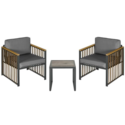 Outsunny Gartenmöbel-Set 3-TLG., Bistro-Set inkl. Couchtisch, 2 Stühle, Gartensitzgruppe mit Kissen, Gartengarnitur Balkonmöbel für Terrasse, Grau von Outsunny