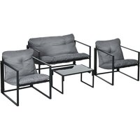 Gartenmöbel Set 4 Personen Stahl wetterfest Balkonmöbel-Set mit 2er Sofa, Sessel Glastisch Sitzkissen Outdoor Sitzgruppe Terrassenmöbel von Outsunny