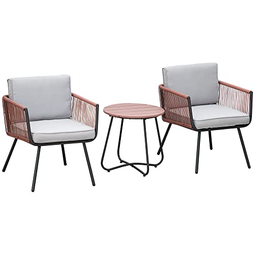 Outsunny Gartenmöbel-Set aus Polyrattan, 3-teilig, Stahlrahmen, 2 Sessel + 1 Couchtisch, inkl. Kissen, Teak, Grau / Orange von Outsunny